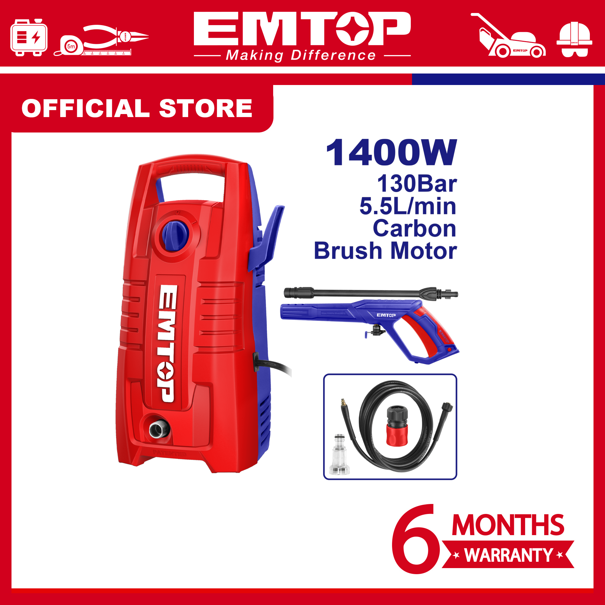 EMTOP EHPW1401 High Pressure Washer | 1400W Power | 130 Bar (1900 PSI) | 5.5 L/min | Auto Stop System | Model: EHPW1401_img_2