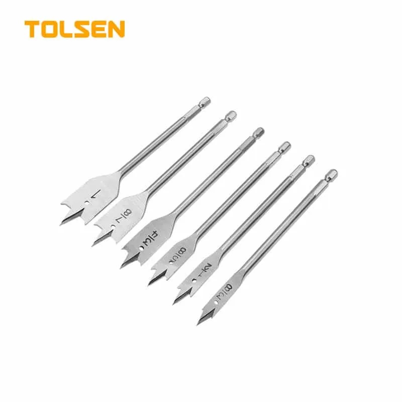 TOLSEN 75656 6Pcs Flat Wood Bit Set, 10mm-25mm (3/8"-1"), Hex Shank, Precision Polished, Model: 75656