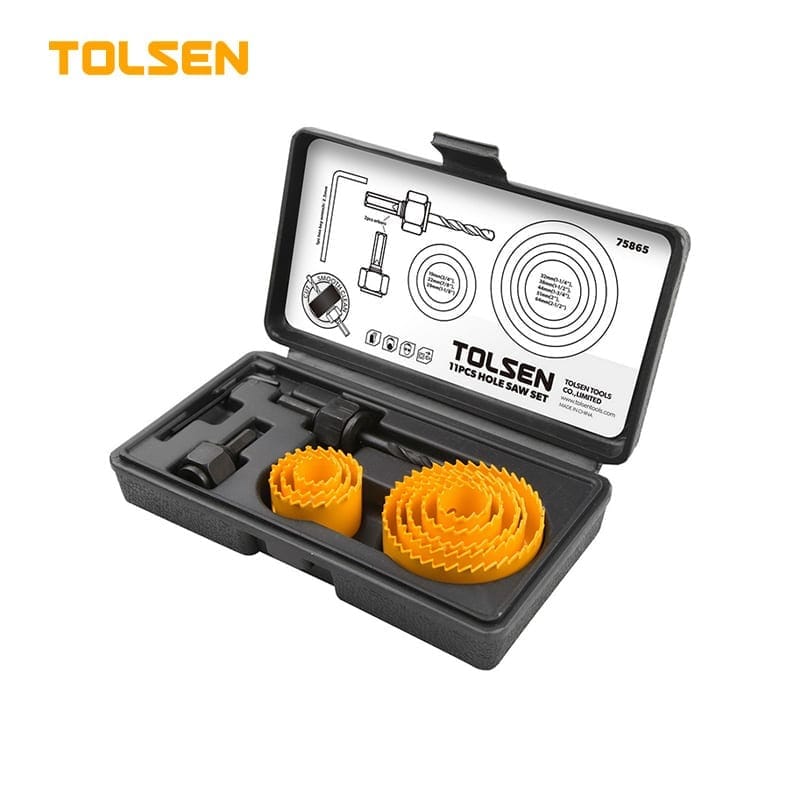 TOLSEN 75865 11Pcs Hole Saw Set, 8 Sizes (19-64mm), 2 Arbors, Hex Key, Blow Mold Case | Model: 75865