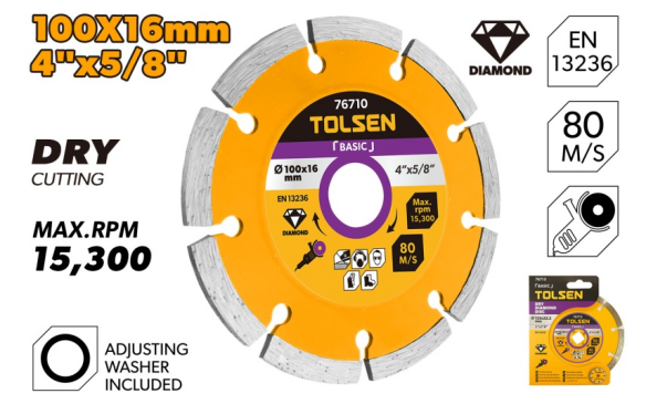 TOLSEN Dry Diamond Disc, ( 4" | 5" ), For Dry Cutting, Segment Height 7.5mm; Models: 76710 | 76713