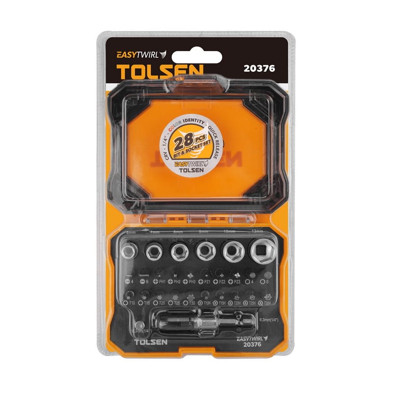 TOLSEN 20376 28Pcs Bit and Socket Set, 1/4" Drive, Cr-V Steel, Color-Coded Bits, Quick-Release Holder | Model: 20376_img_2