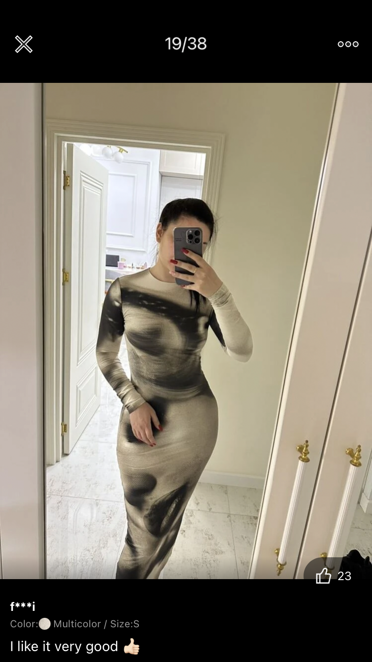 SHEIN BAE Vintage Portrait Mesh Printed Long Sleeve Slim Fit Long Bodycon Dress_img_2