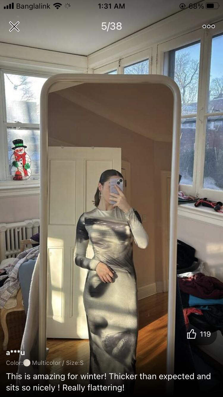 SHEIN BAE Vintage Portrait Mesh Printed Long Sleeve Slim Fit Long Bodycon Dress_img_4