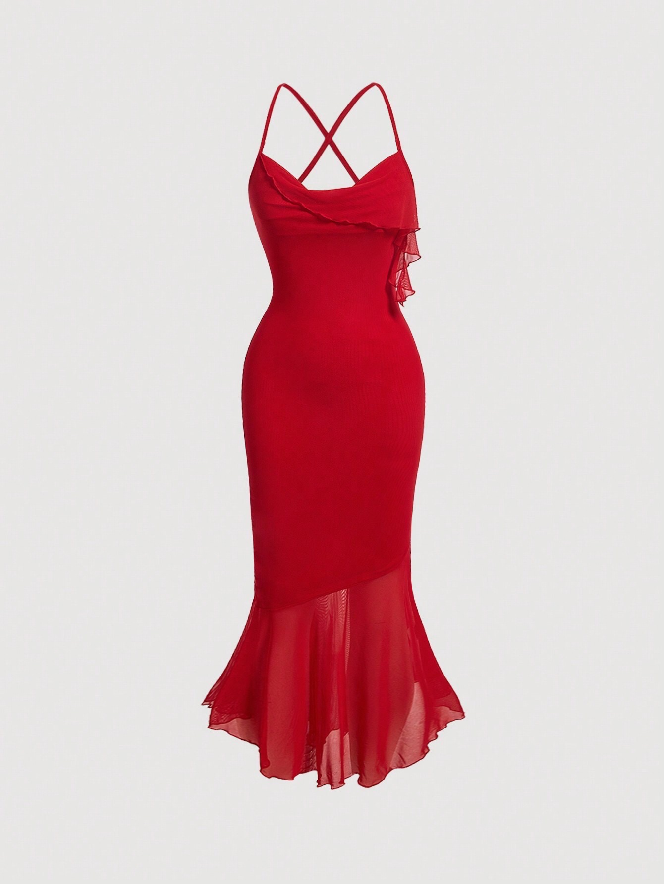 SHEIN MOD Red Prom Ruffle Date Night Ruched Mermaid Hem Cami Dress_img_1