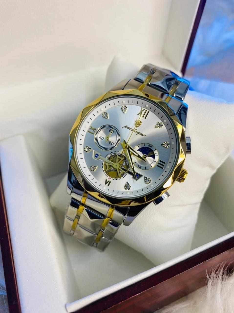 POEDAGAR 996 Stainless Steel Chronograph Luminous Quartz Watch For Men - Toton white Color