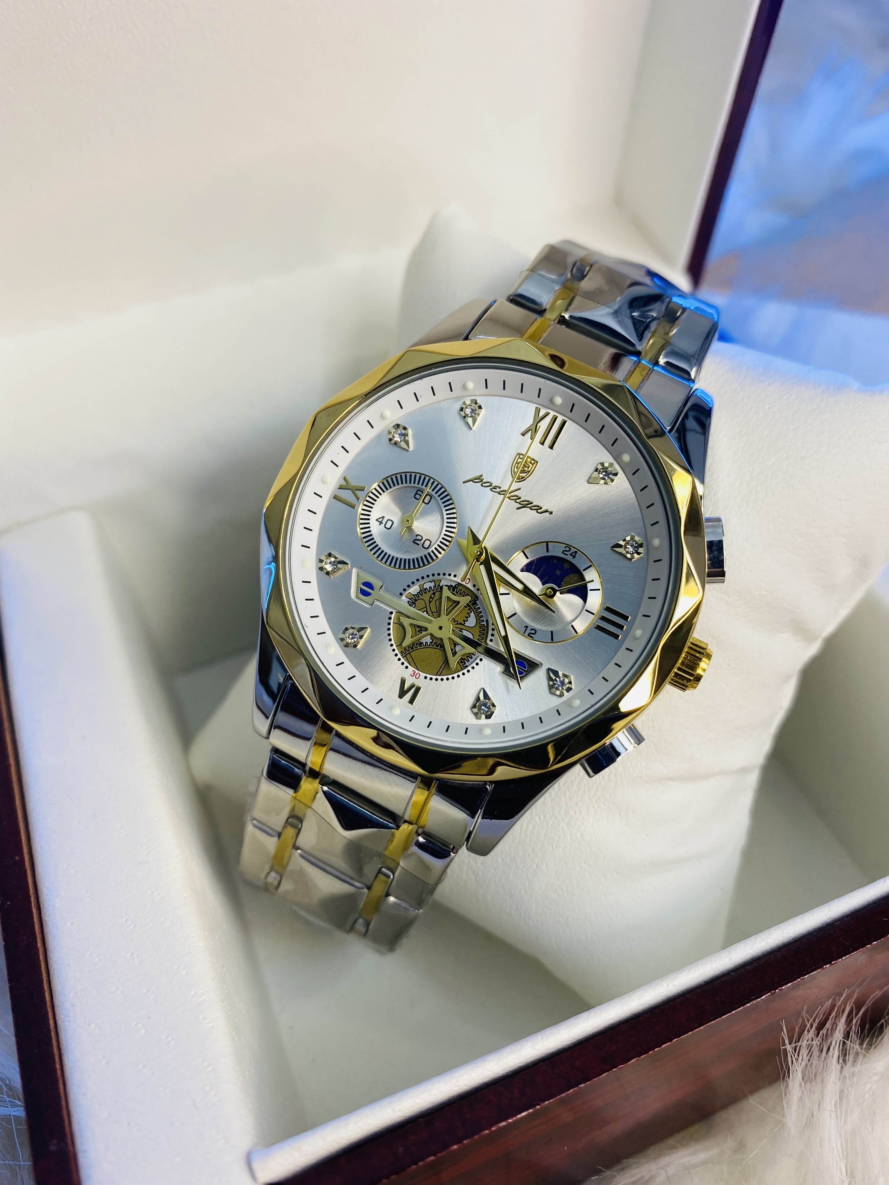 POEDAGAR 996 Stainless Steel Chronograph Luminous Quartz Watch For Men - Toton white Color_img_1