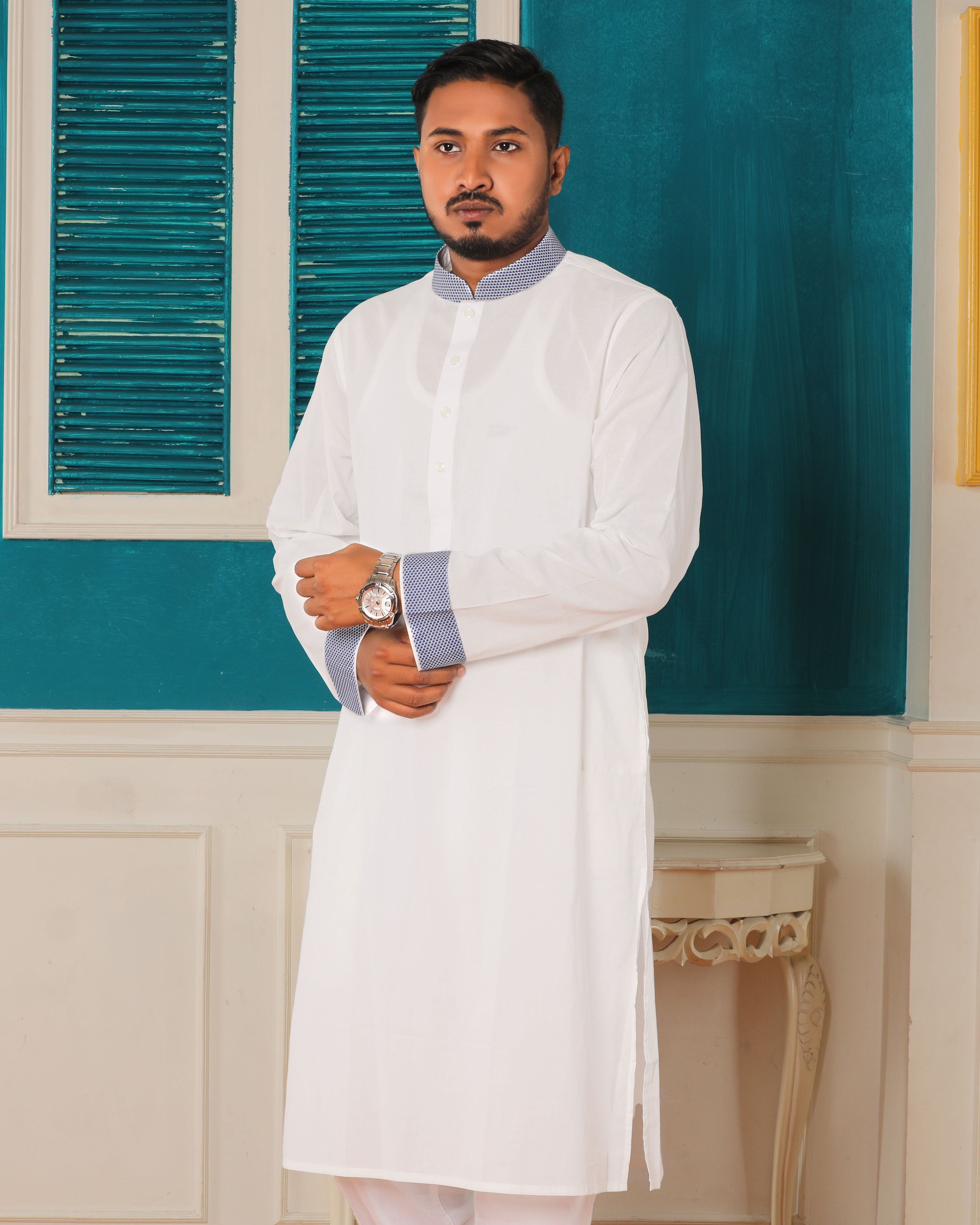 Majestic White with Blue Detailing Panjabi_img_2