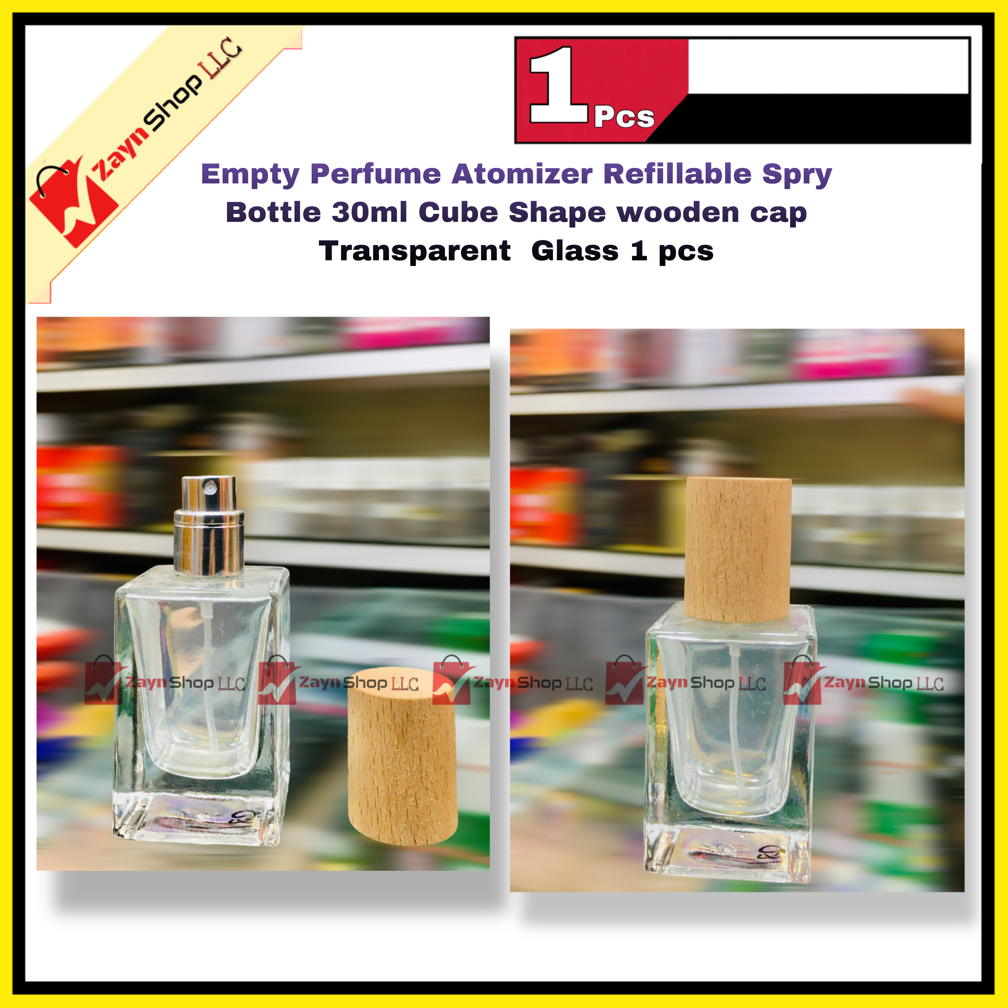 Empty Perfume Atomizer Refillable Spry Bottle 30ml Cube Shape wooden cap Transparent Glass 1 pcs_img_0