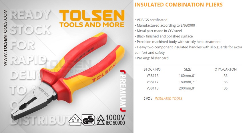Tolsen VDE 1000V Insulated Combination Pliers 160mm (6") Model: V38116_img_3