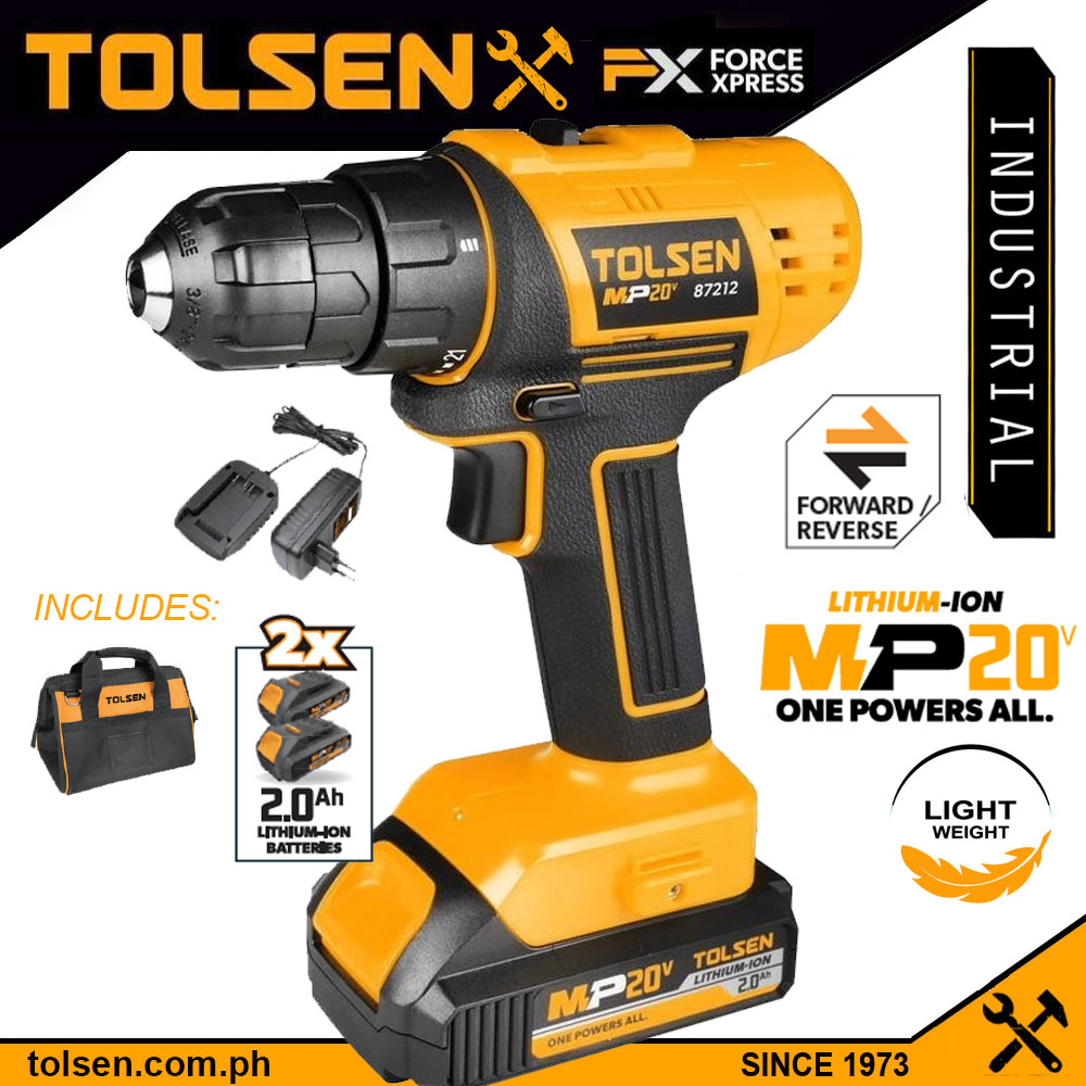 TOLSEN 87212 20V Li-Ion Cordless Drill/Screwdriver with 2pcs Battery & 1pc Charger; Model 87212