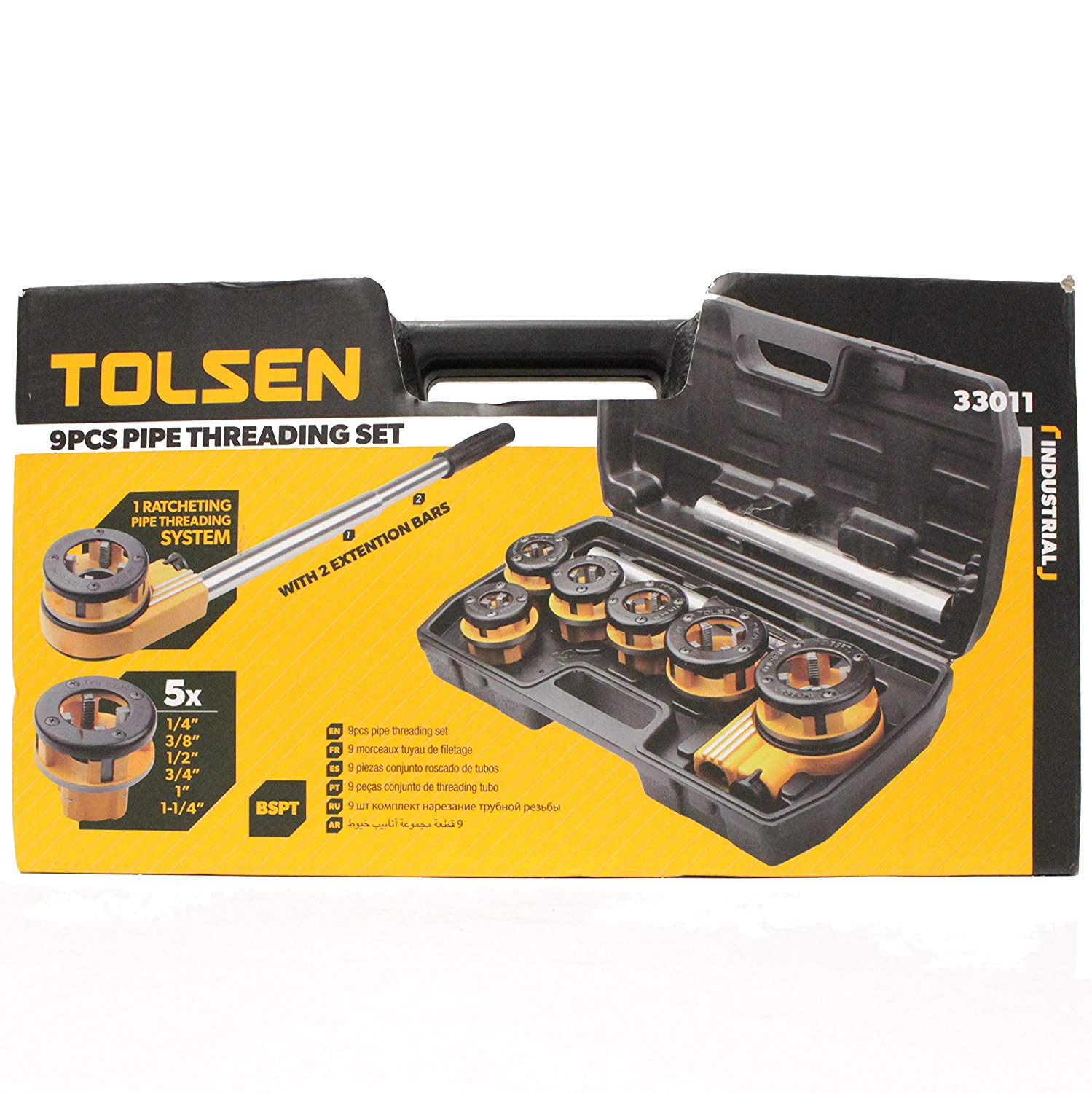 TOLSEN 9Pcs Metal Pipe Threader Set w/ 2 Extension Bars (1/4", 3/8", 1/2", 3/4", 1", 1-1/4") Model: 33011_img_2