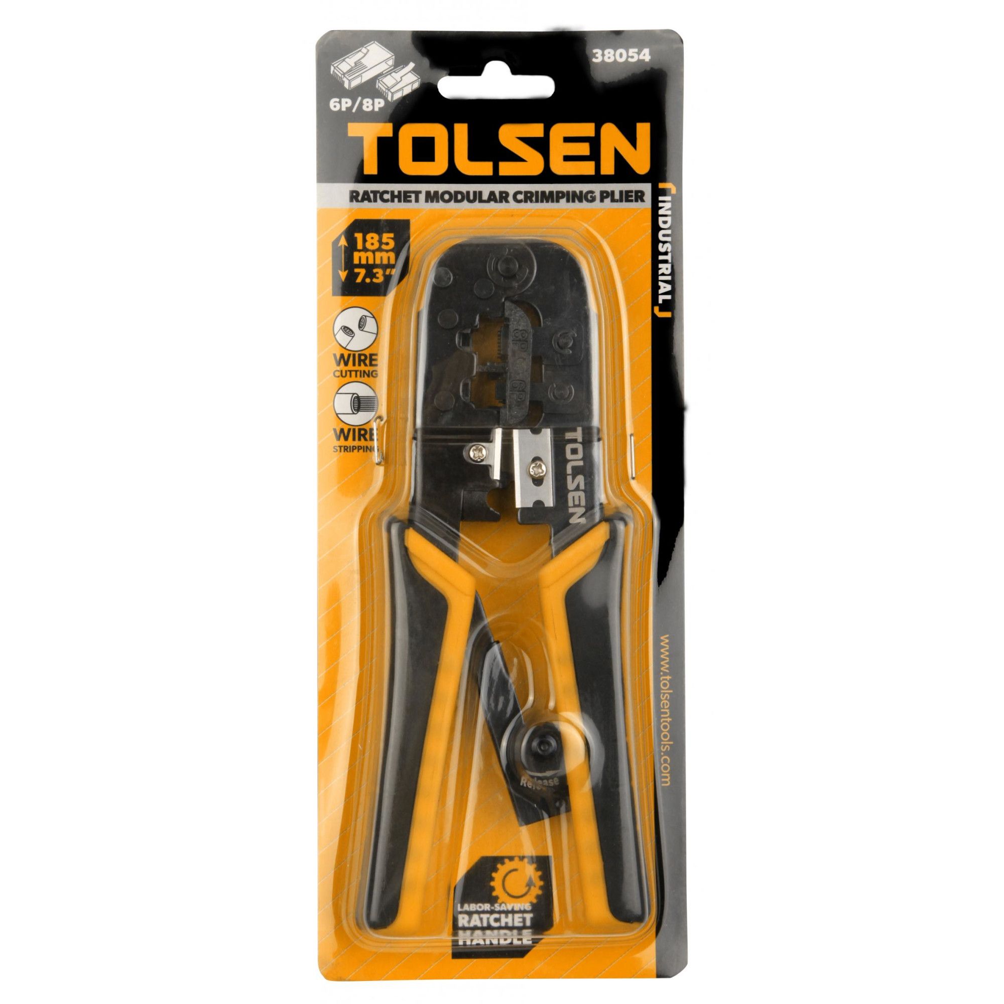 Tolsen Ratchet Modular Crimping Pliers with round cable stripper (7.3/185mm 8P/6P) Model: 38054_img_8