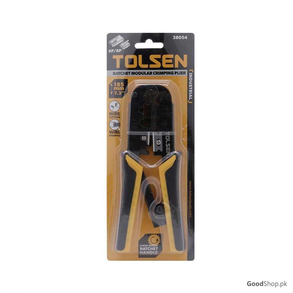Tolsen Ratchet Modular Crimping Pliers with round cable stripper (7.3/185mm 8P/6P) Model: 38054_img_9
