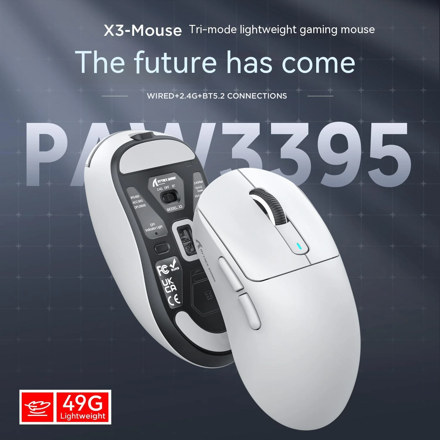 (Stock Out) Attack Shark X3 49g PAW3395 Tri-Mode Wireless Gaming Mouse_img_0