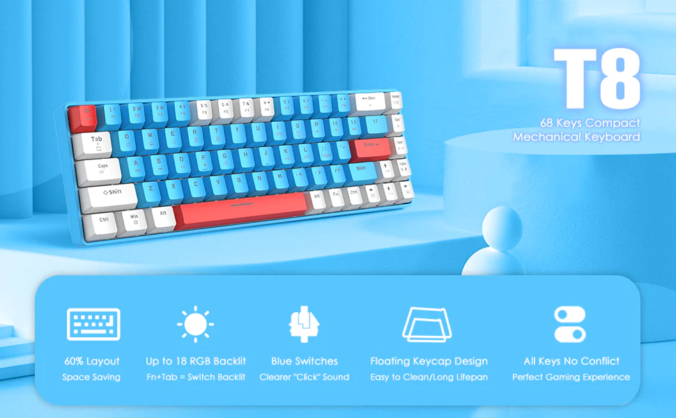 FreeWolf T8 Wired 65% Compact Gaming Mechanical Keyboard Red switch_img_2