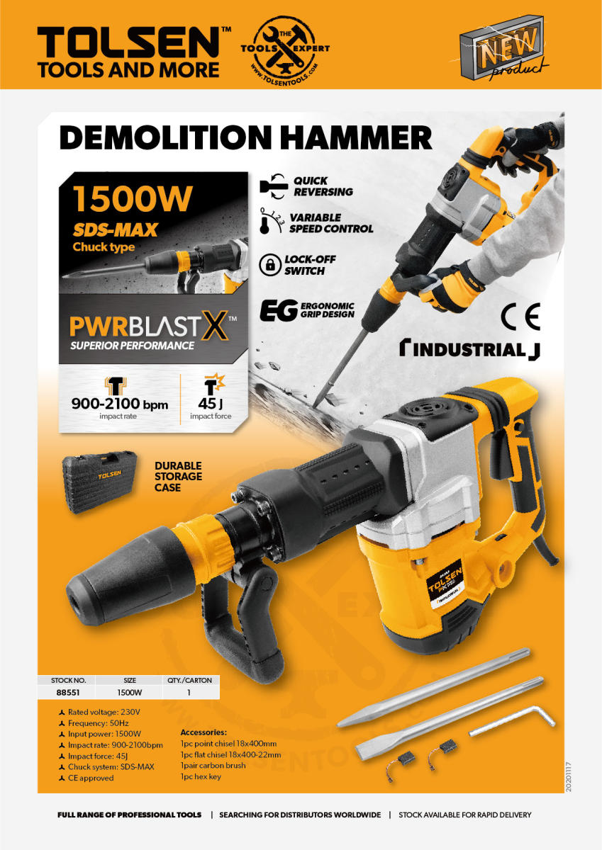 TOLSEN 88551, 1500W Demolition Hammer SDS-MAX Chuck, Hard Case, Industrial Grade_img_1