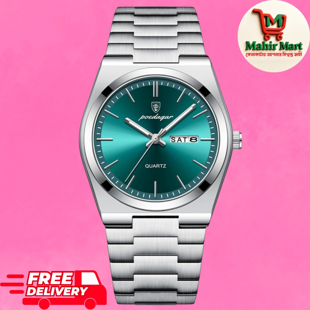 POEDAGAR 930 Men's New Luxury Luminous Date Week Stainless Steel Quartz Watch For Men