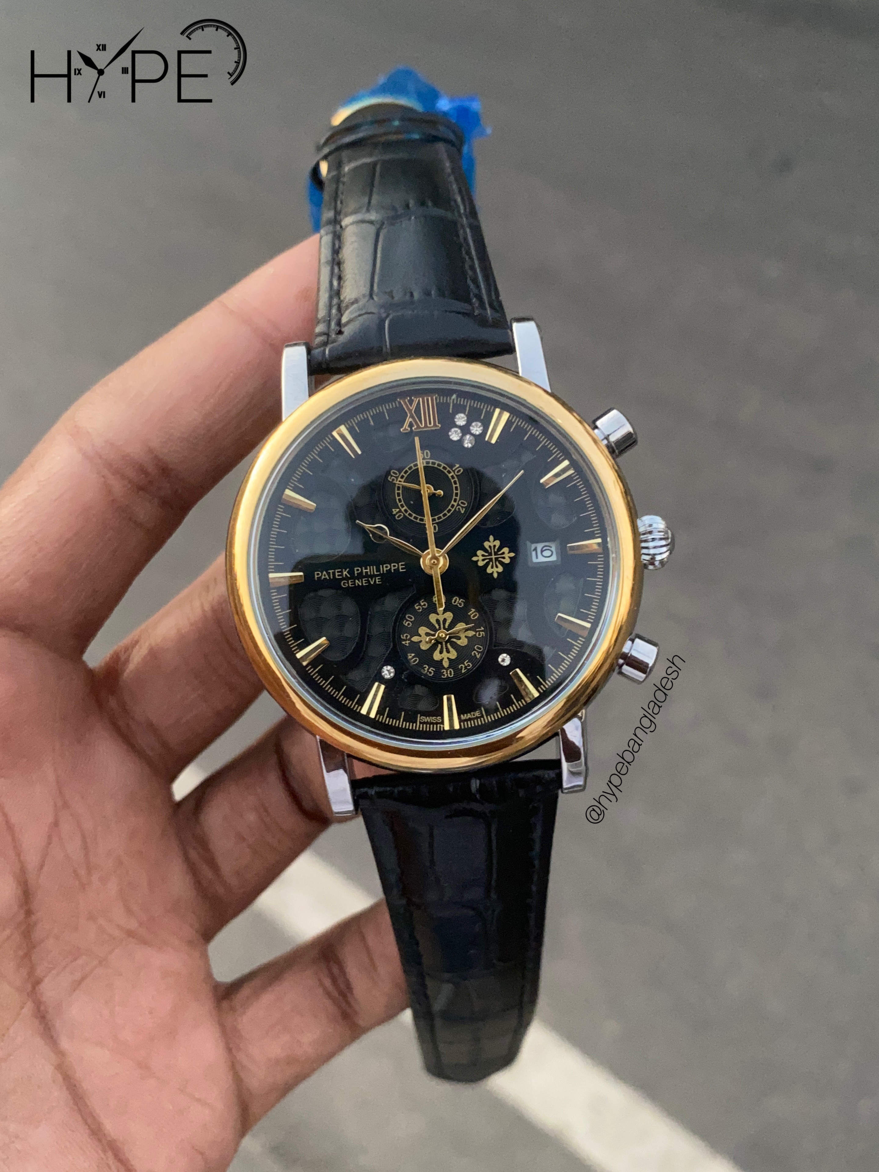 Patek philippe leather belt chronograph watch (Black-Gold)_img_0