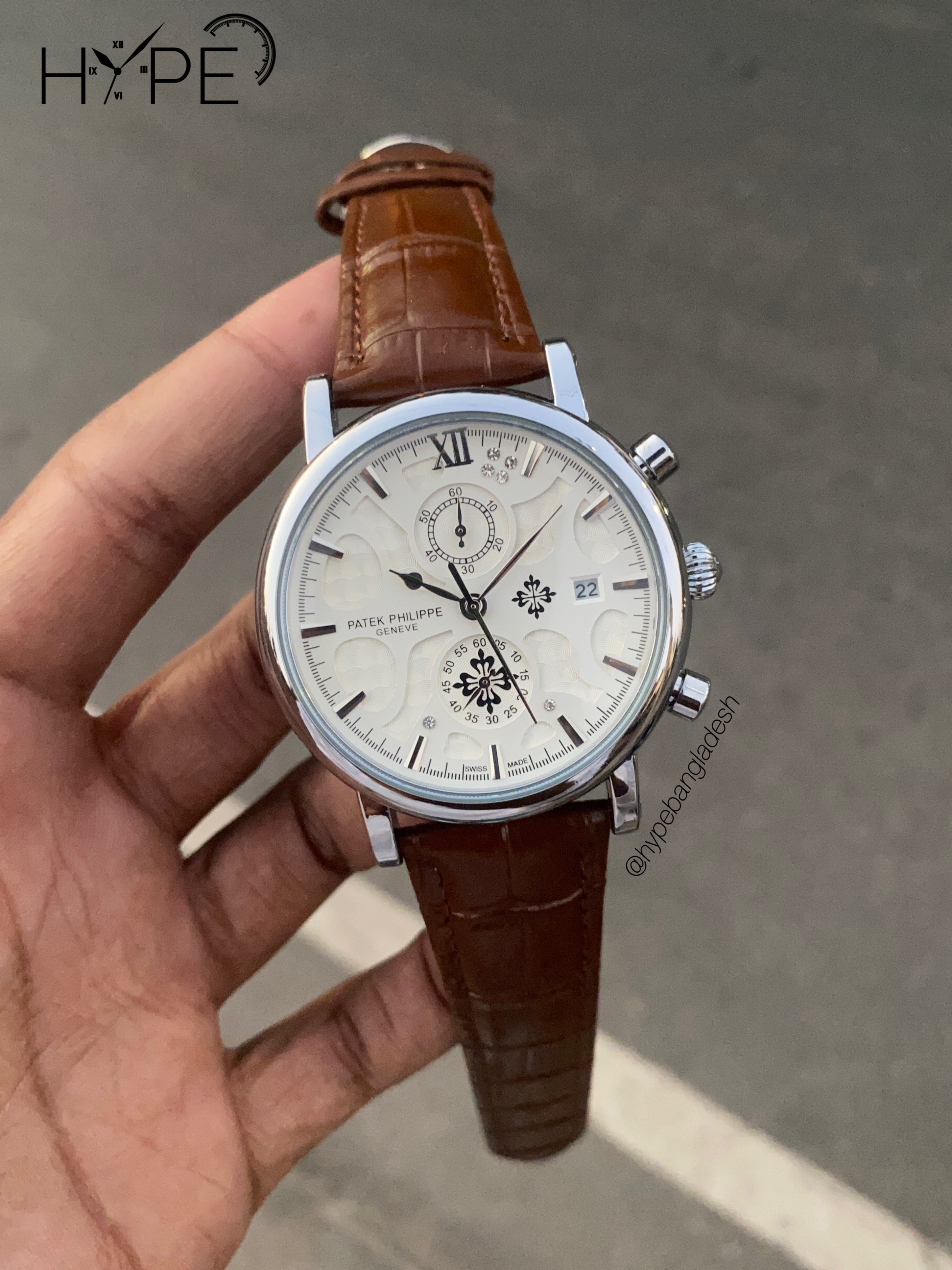 Patek philippe leather belt chronograph watch (Brown-White))_img_0