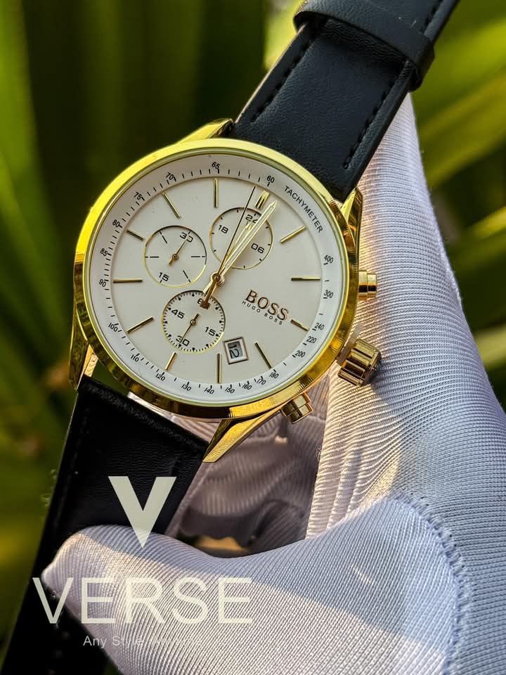 Boss three chrono black belt golden case white dial