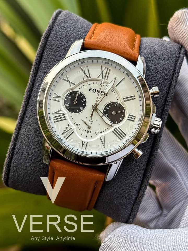 FOSSIL Q BELT MUSTARD BELT SILVER CASE WHITE DIAL BLACK SUB