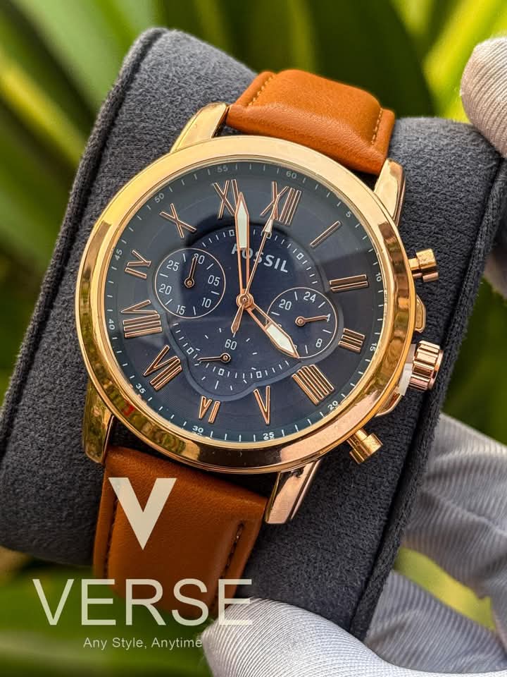 Fossil Q mustard belt rose gold case blue dial