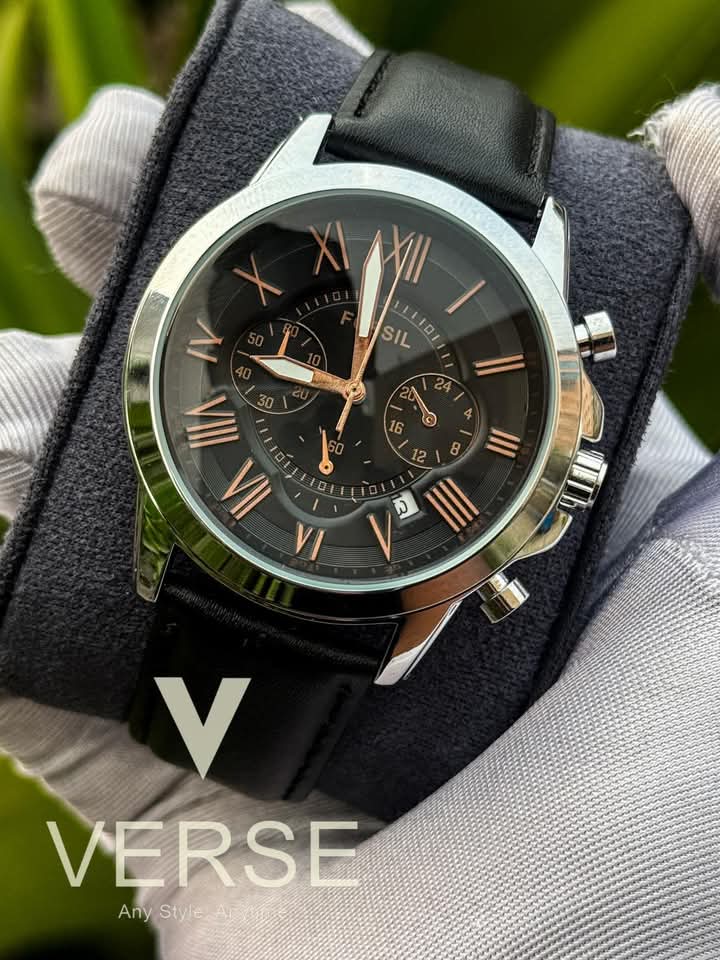 Fossil Q black belt silver case black dial rose gold digit