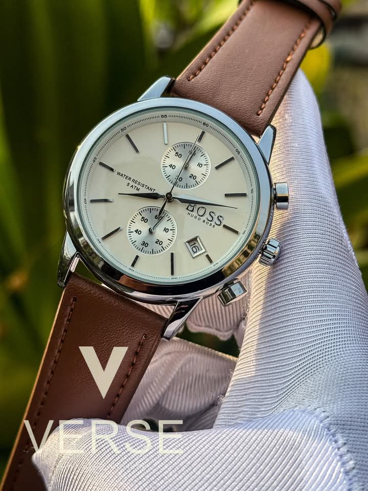 Boss belt two chrono mustard belt silver case white dial