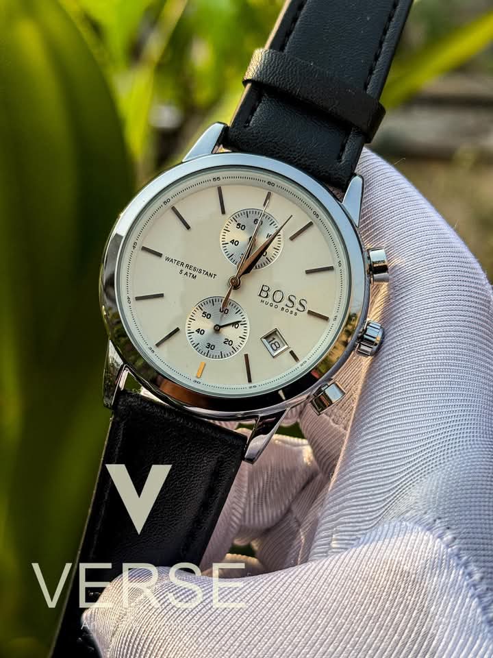 Boss belt two chrono black belt silver case white dial
