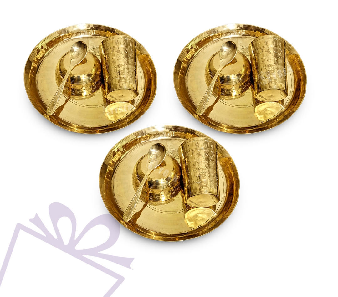 পিতলের ৩টি প্লেট, গ্লাস, ৩টি বাটি ও ৩টি চামচের সেট - Pitole 3ti Plate, 3ti Glass, 3ti Bati & 3ti Chamocher Set