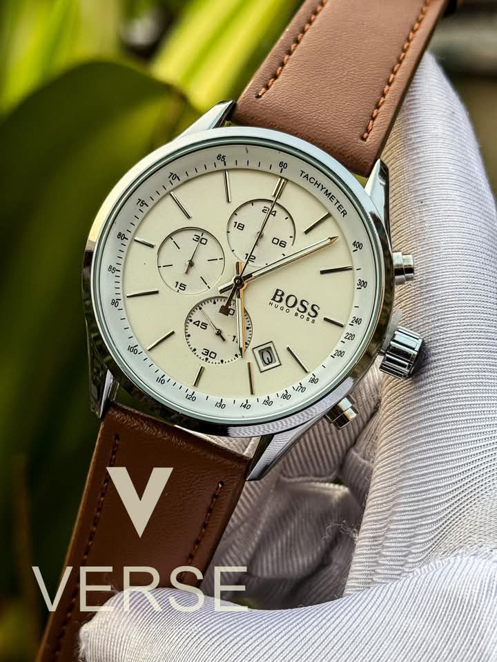 Boss three chrono mustard belt silver case white dial