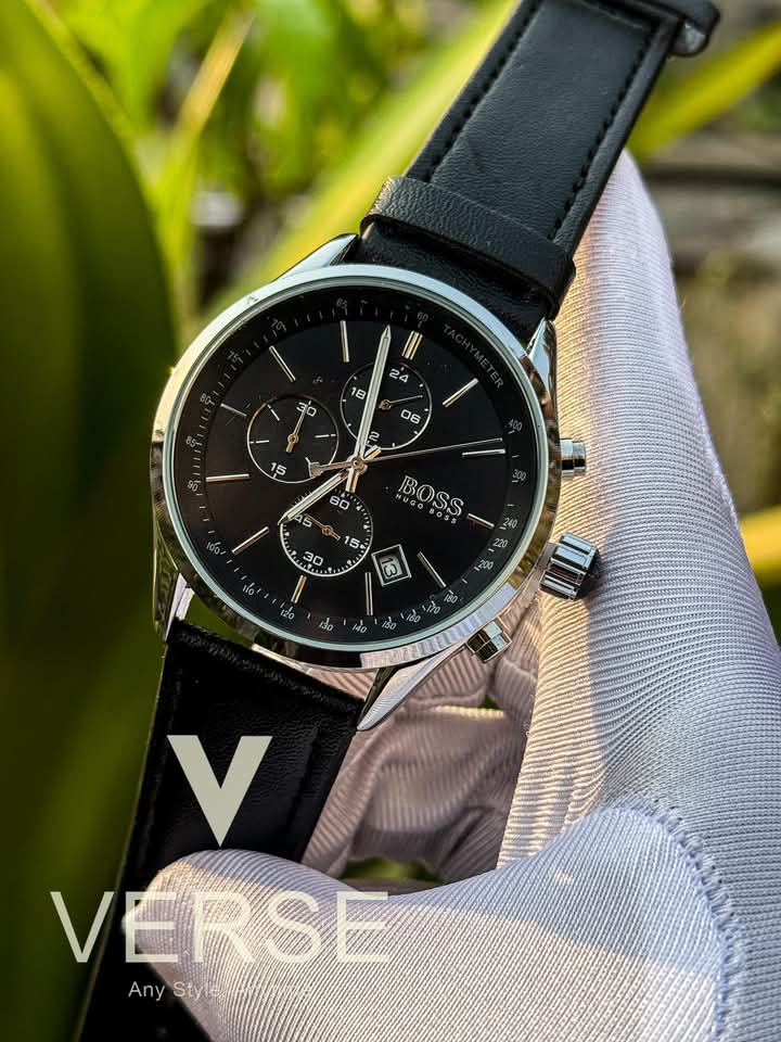Boss three chrono black belt silver case black dial