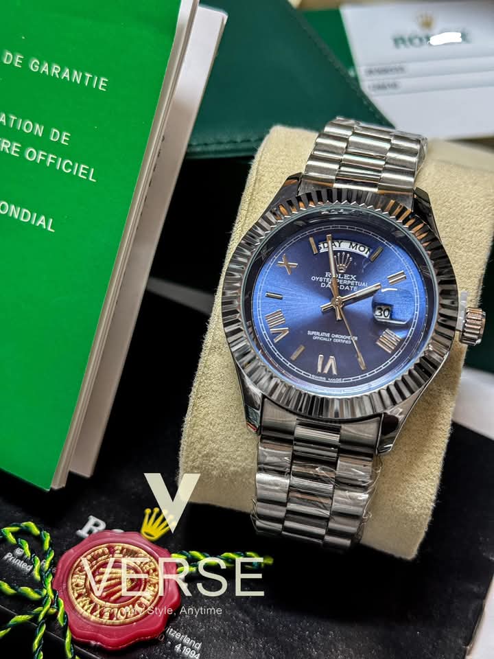 Rolex day date silver dial blue