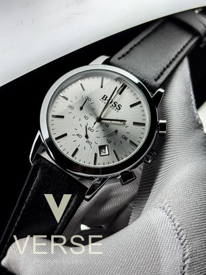 Boss belt three crhono black belt silver case white dial