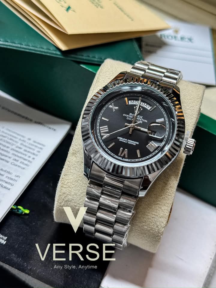 Rolex day date silver dial black