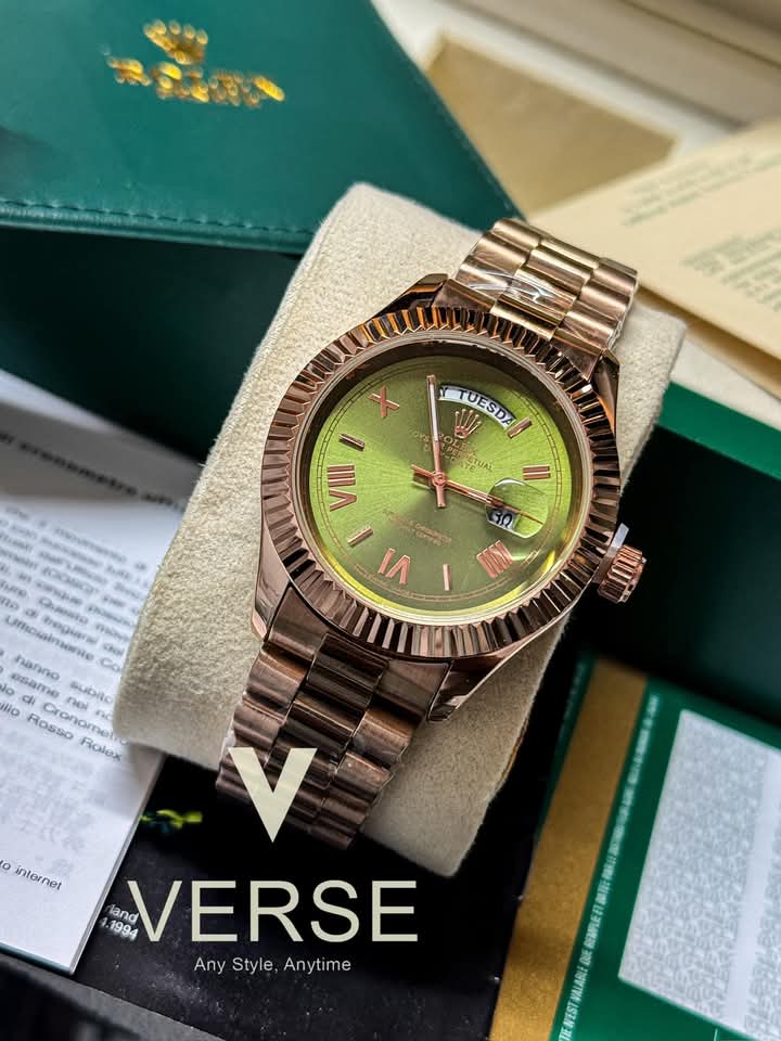 Rolex day date rose gold dial green