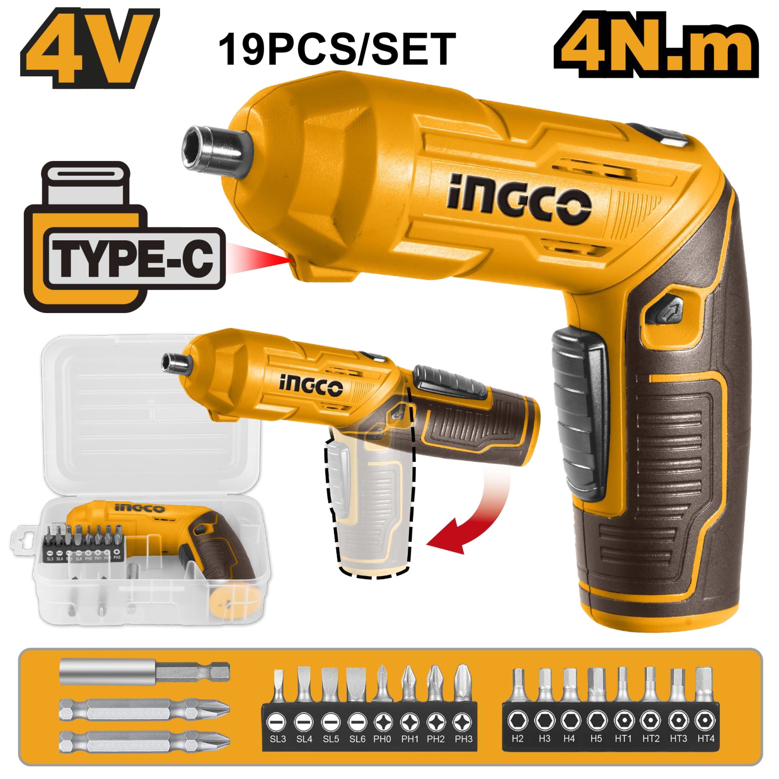 Ingco Li-ion Cordless Screwdriver 4.0v with 19pcs accessories CSDLI0442