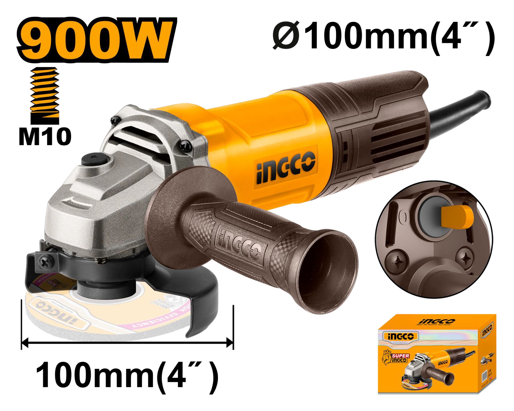 INGCO 4" Angle Grinder 900w, 100mm Model: AG900282