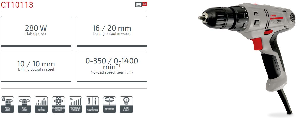 Crown CT10113 280w Electric Drill / Screwdriver 10 mm Model: CT10113_img_2