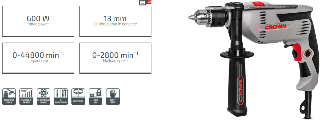 Crown CT10128 600w Impact Drill 13mm (1/2") Model: CT10128_img_4