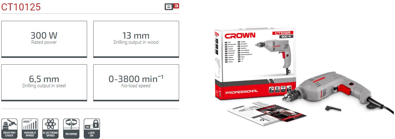 Crown CT10125 300w Electric Drill 6.5mm (1/4") Model: CT10125_img_2