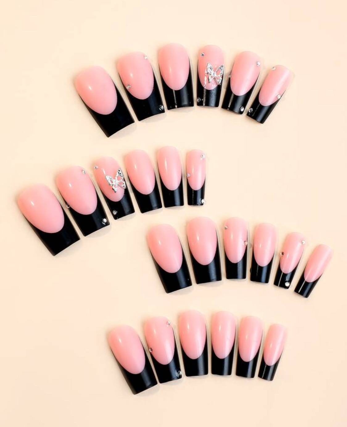 24PCS Short Nails White French TipsMedium Square Press On Nails 3dButterfly Rhinestone Fake Nails For Women And Girls_img_1