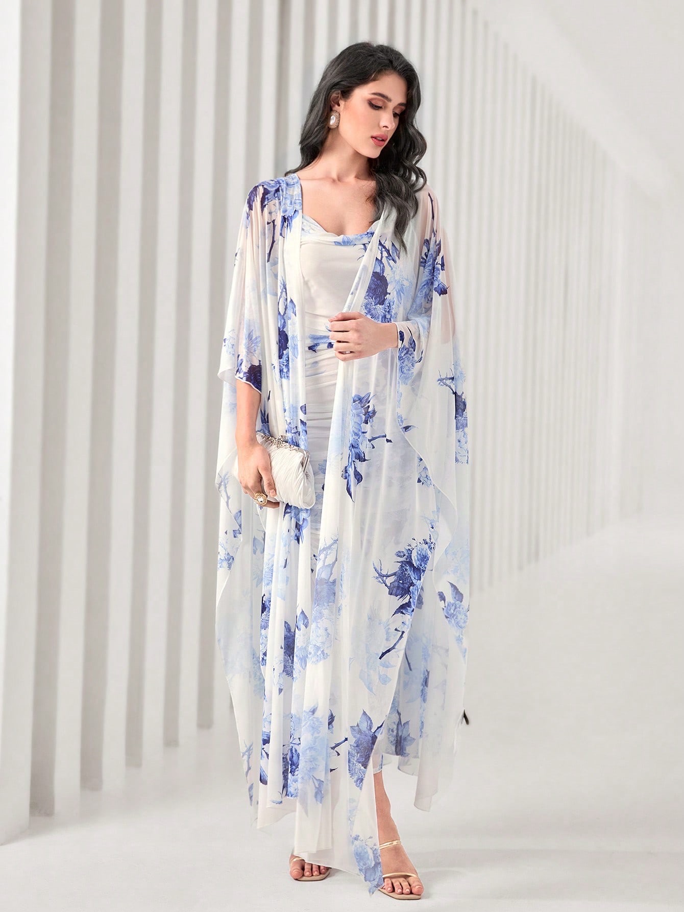 SHEIN Modely Floral PrintCami Bodycon Dress & Open FrontCoat Two Piece_img_0