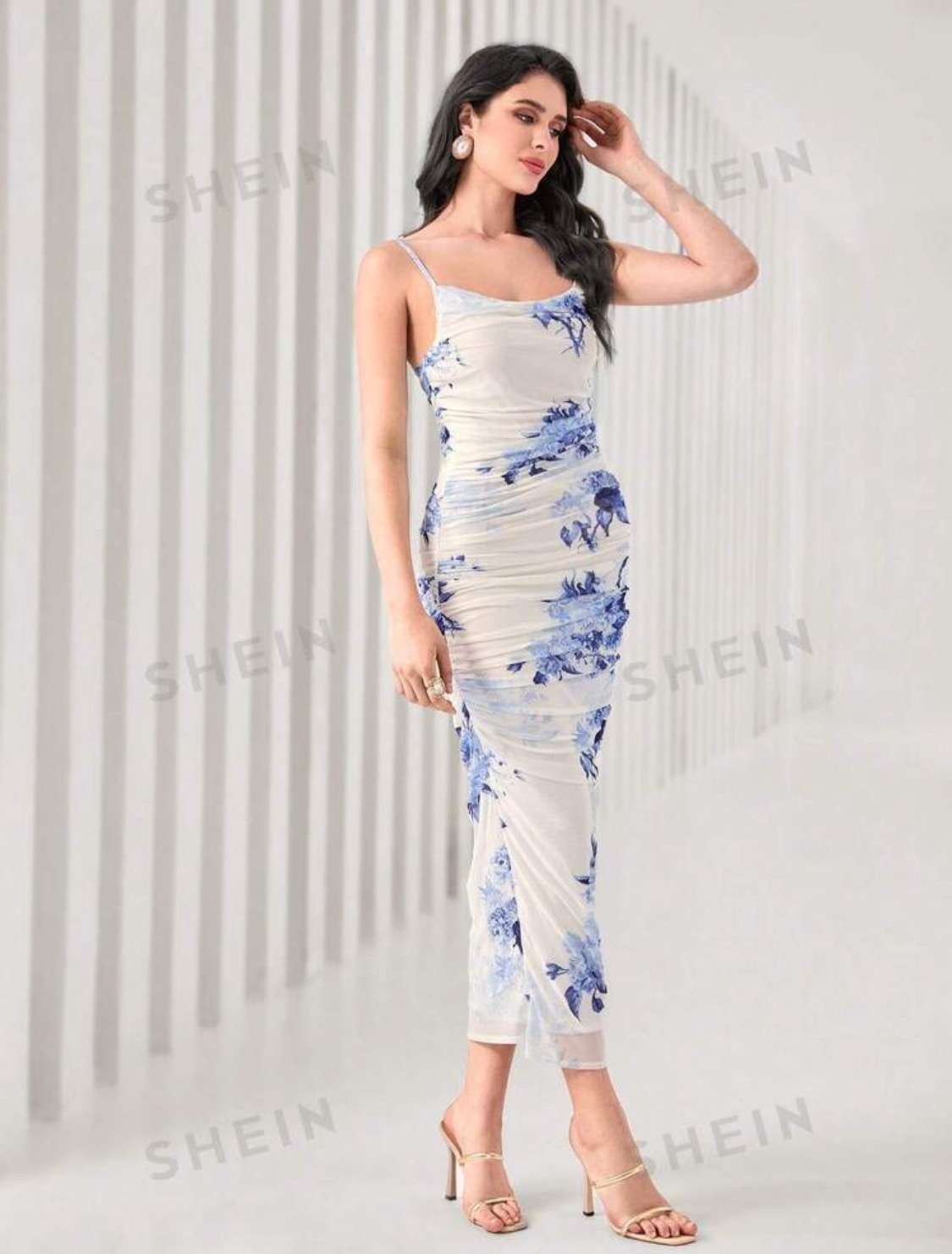 SHEIN Modely Floral PrintCami Bodycon Dress & Open FrontCoat Two Piece_img_1