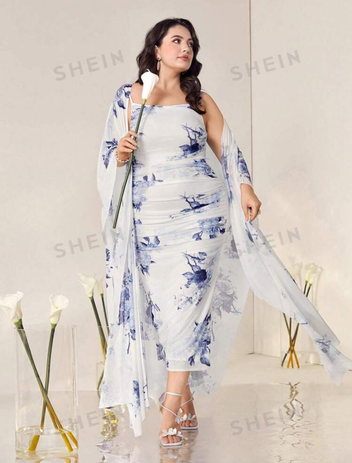 SHEIN Modely Floral PrintCami Bodycon Dress & Open FrontCoat Two Piece_img_4