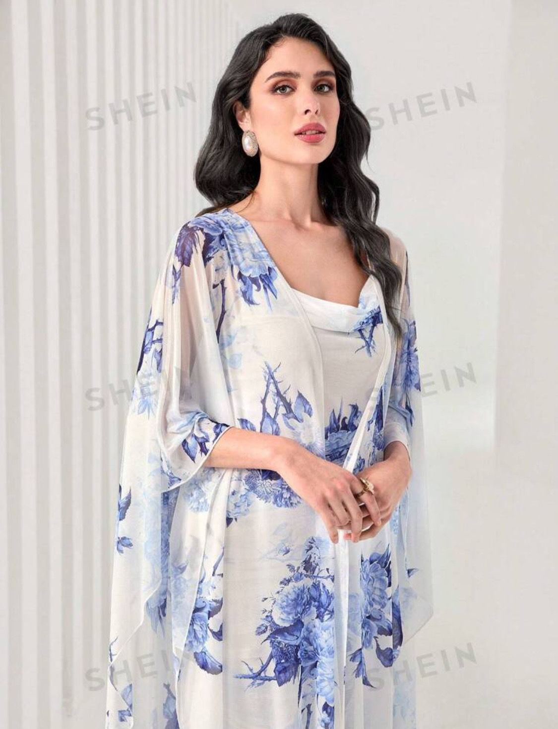 SHEIN Modely Floral PrintCami Bodycon Dress & Open FrontCoat Two Piece_img_5