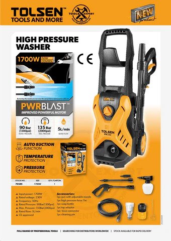 TOLSEN 79589, 1700W High Pressure Washer, 135Bar (2000psi), Car Washer, Bike Washer; Model 79589_img_1