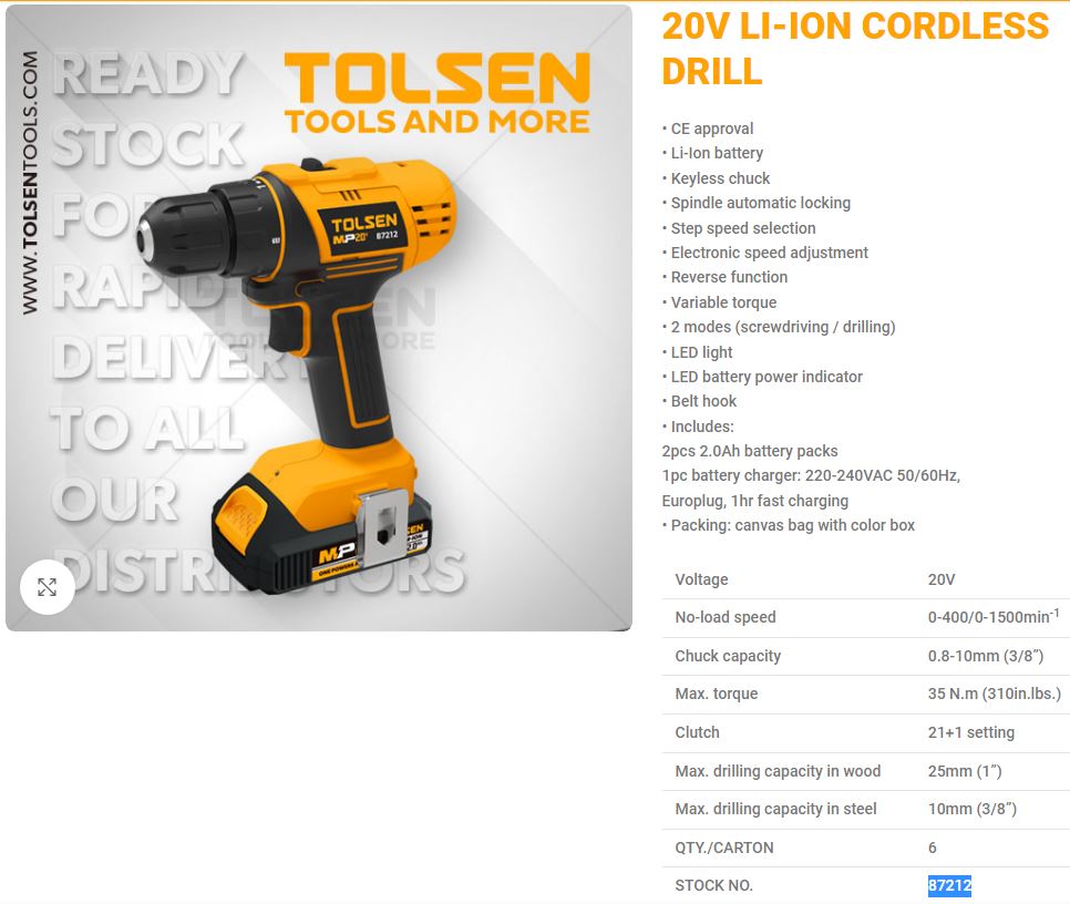 TOLSEN 87212 20V Li-Ion Cordless Drill/Screwdriver with 2pcs Battery & 1pc Charger; Model 87212_img_2