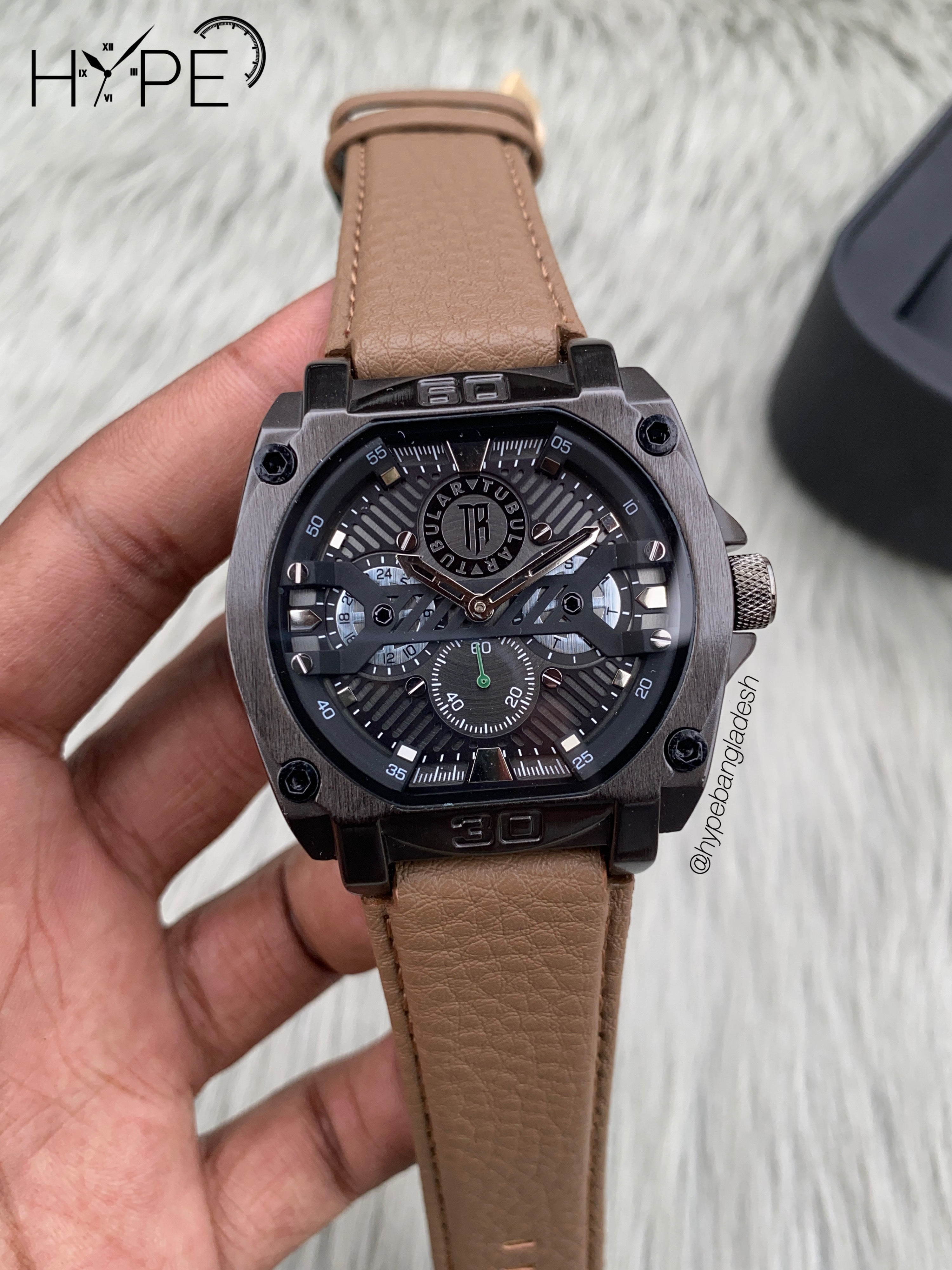 Tubular square shape leather belt (brown)_img_0