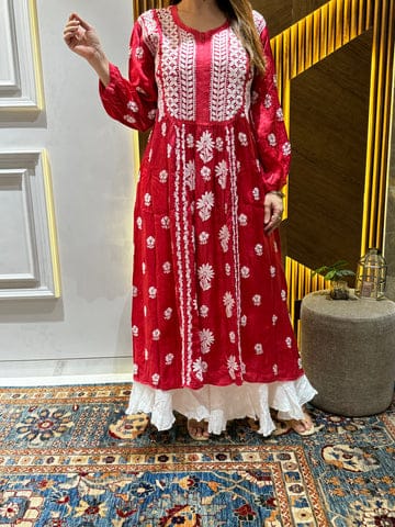 Lucknow Gawon 2 Piece Embroidery Tow piece Set (Maroon)